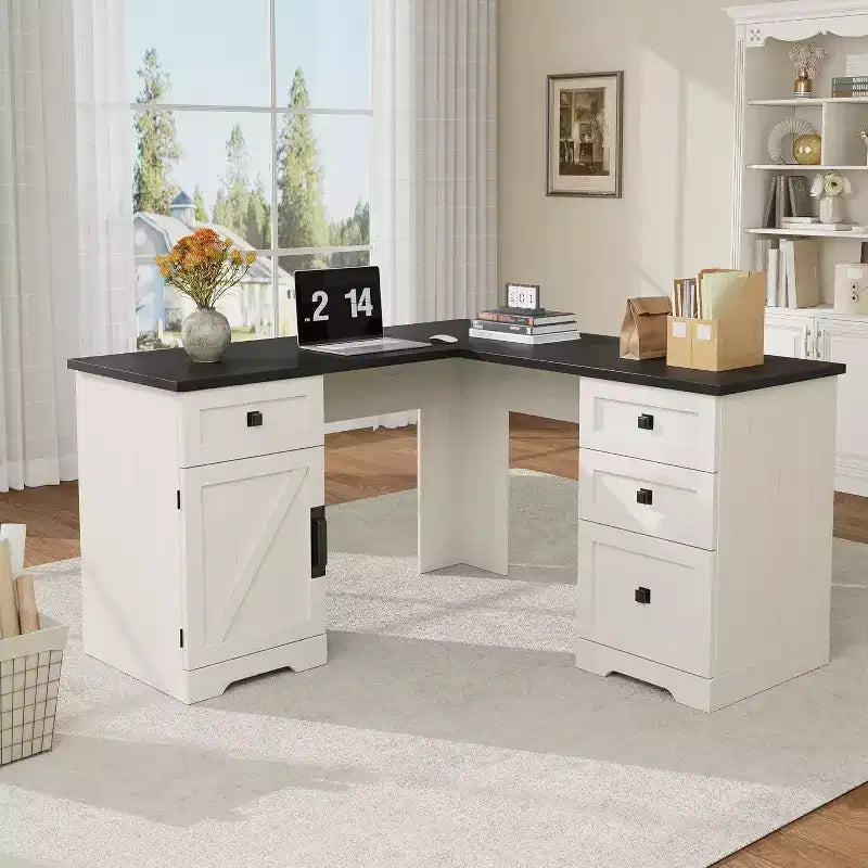 L-Shaped Executive Desk with File Drawers & Storage Cabinet