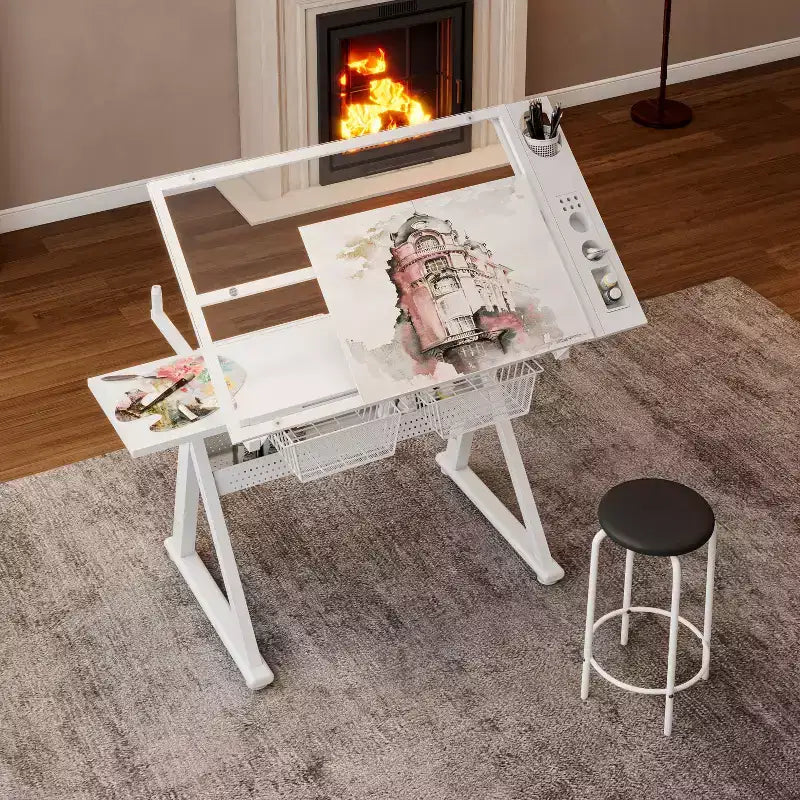 Hand Crank Adjustable Tempered Glass Drafting Table with Chair and Storage, for Living Room, Study & Bedroom, White