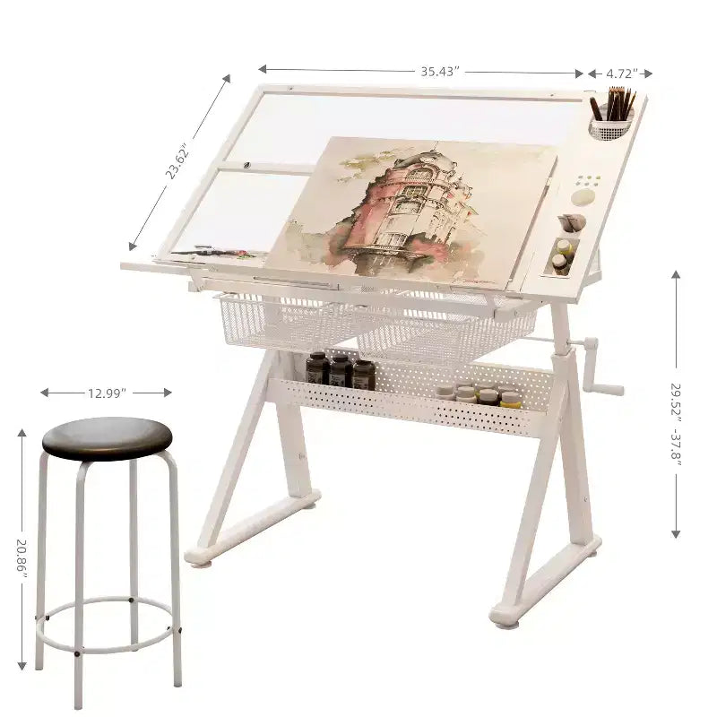 Hand Crank Adjustable Tempered Glass Drafting Table with Chair and Storage, for Living Room, Study & Bedroom, White