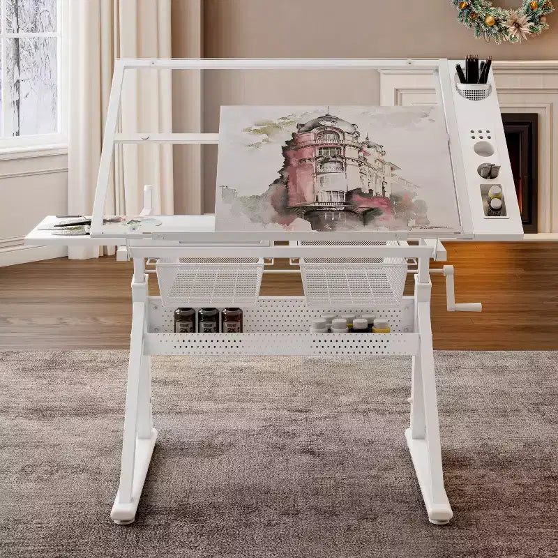 Hand Crank Adjustable Tempered Glass Drafting Table with Chair and Storage, for Living Room, Study & Bedroom, White