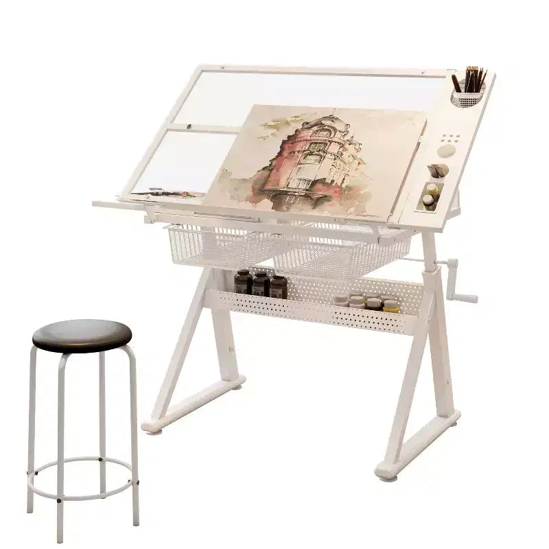 Hand Crank Adjustable Tempered Glass Drafting Table with Chair and Storage, for Living Room, Study & Bedroom, White