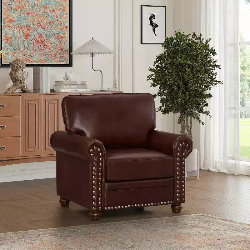 Comfortable High-Elastic Sponge Chair with PU Leather & Silver Nail Detail, Burgundy