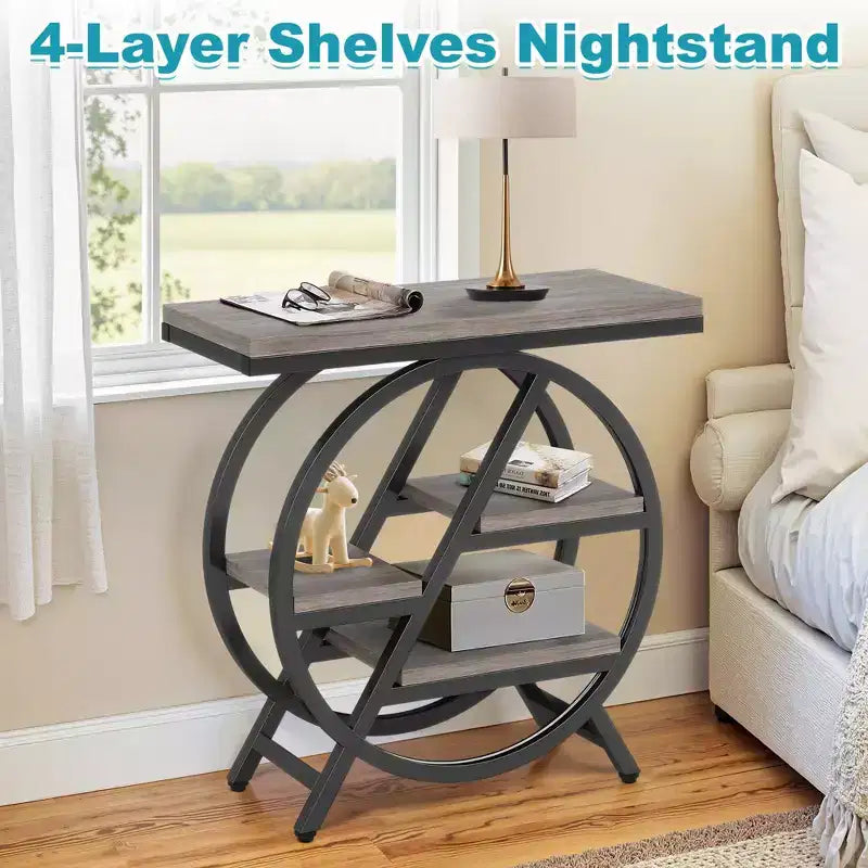 4-Tier Industrial End Table with Staggered Shelves, Black Metal Frame & Rustic Brown Top