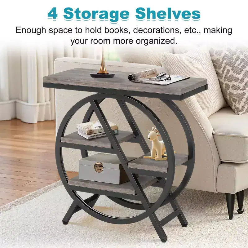 4-Tier Industrial End Table with Staggered Shelves, Black Metal Frame & Rustic Brown Top