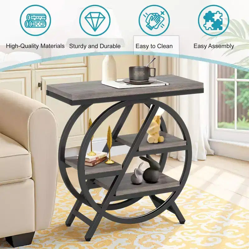 4-Tier Industrial End Table with Staggered Shelves, Black Metal Frame & Rustic Brown Top