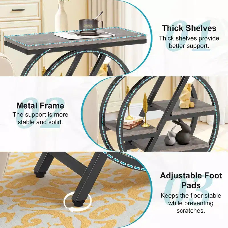 4-Tier Industrial End Table with Staggered Shelves, Black Metal Frame & Rustic Brown Top