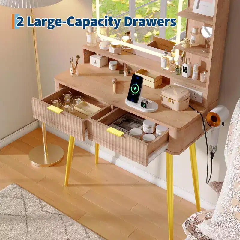 LED Vanity Desk with Mirror and Lights, Dressing Table with 2 Drawers & Charging Station