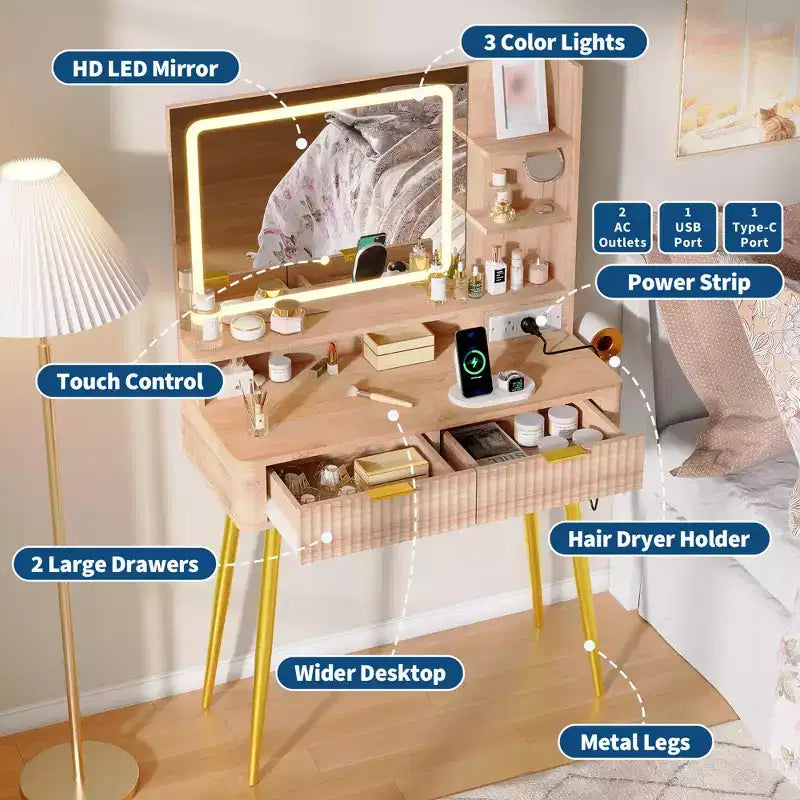 LED Vanity Desk with Mirror and Lights, Dressing Table with 2 Drawers & Charging Station