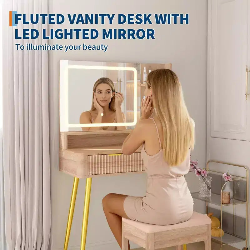 LED Vanity Desk with Mirror and Lights, Dressing Table with 2 Drawers & Charging Station