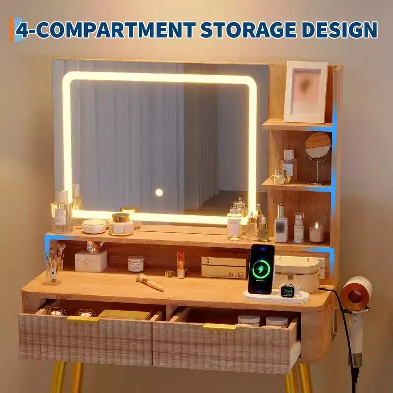LED Vanity Desk with Mirror and Lights, Dressing Table with 2 Drawers & Charging Station