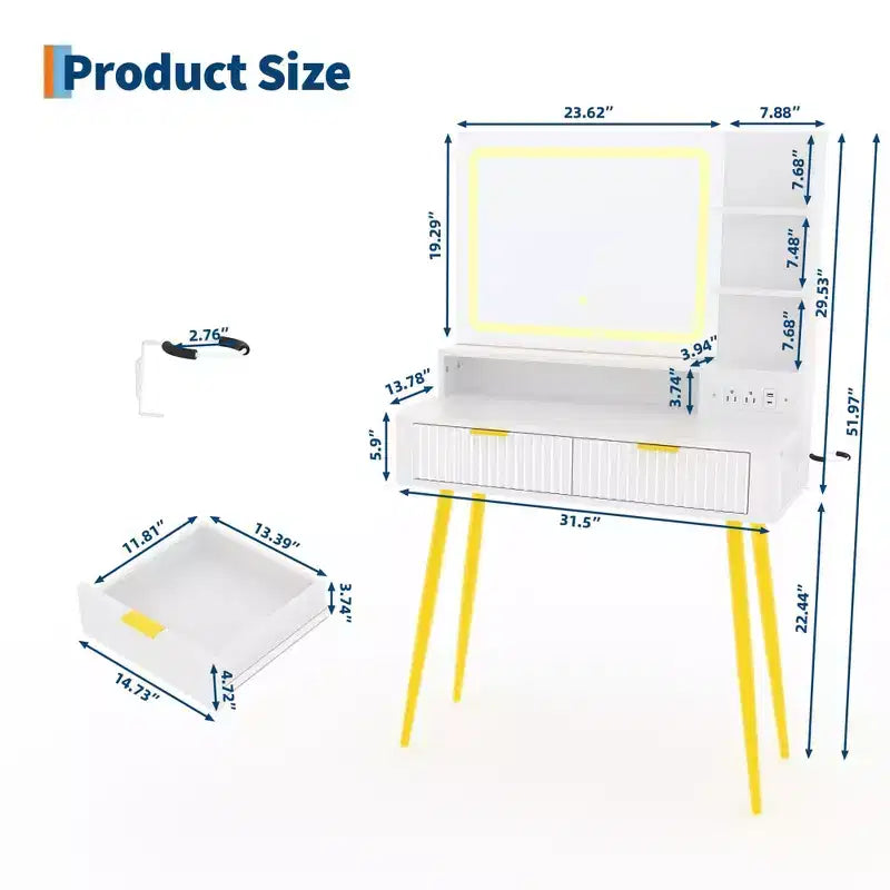 LED Vanity Desk with Mirror and Lights, Dressing Table with 2 Drawers & Charging Station