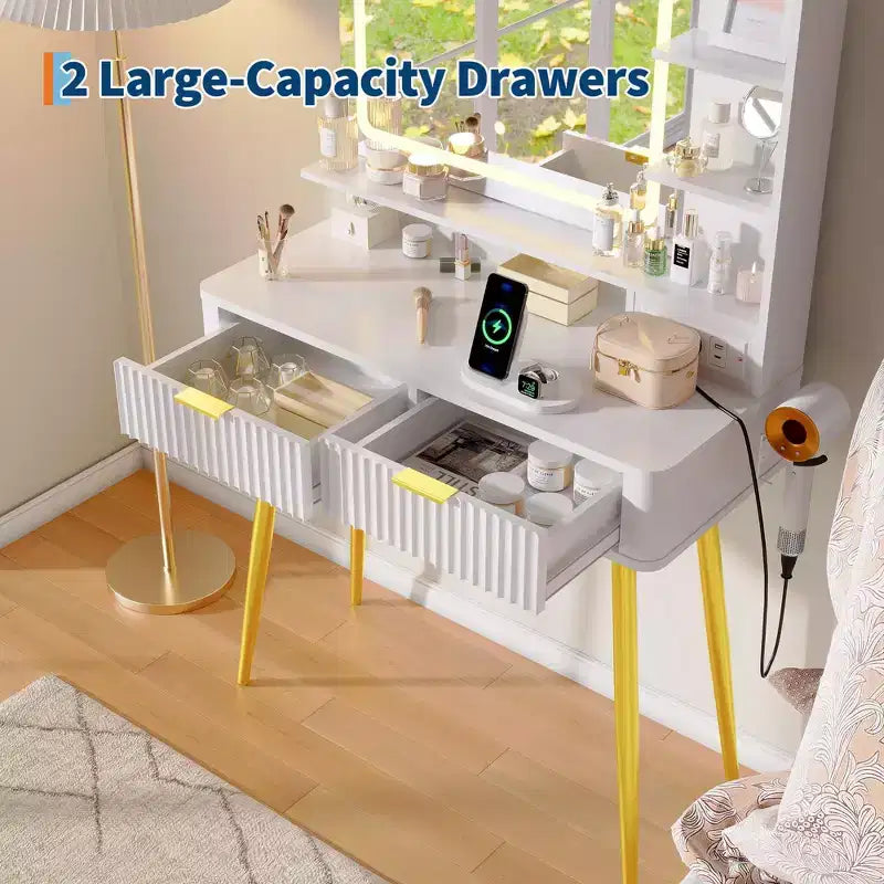 LED Vanity Desk with Mirror and Lights, Dressing Table with 2 Drawers & Charging Station