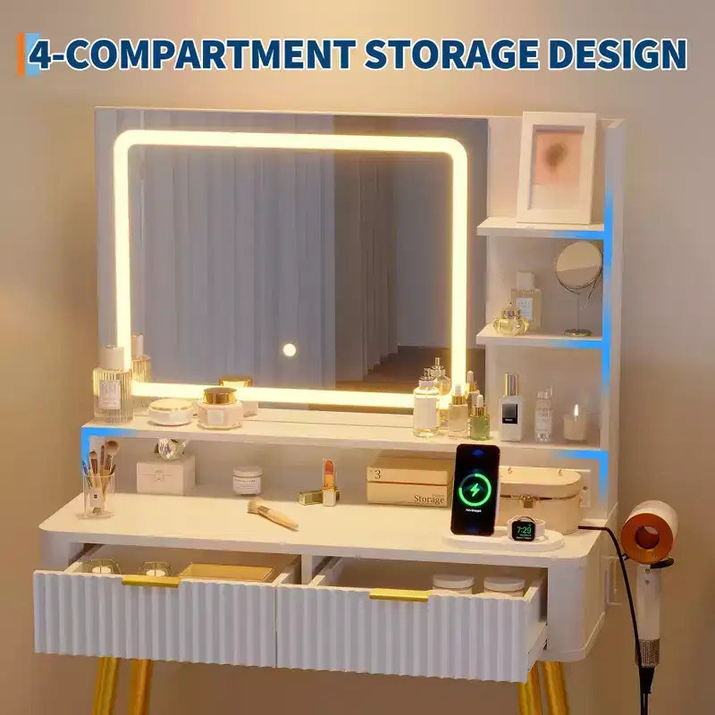 LED Vanity Desk with Mirror and Lights, Dressing Table with 2 Drawers & Charging Station