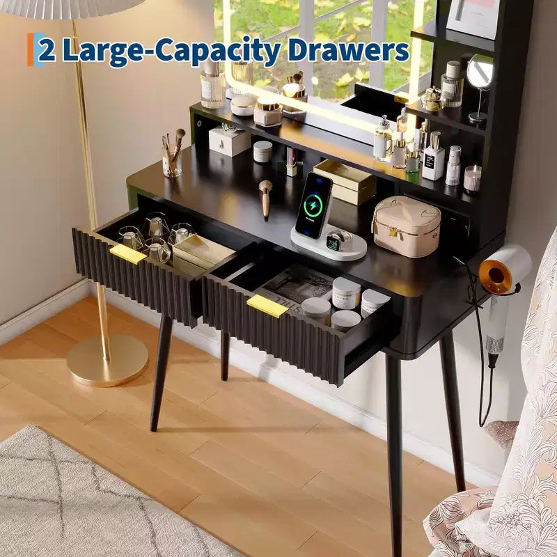 LED Vanity Desk with Mirror and Lights, Dressing Table with 2 Drawers & Charging Station