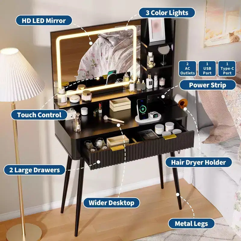 LED Vanity Desk with Mirror and Lights, Dressing Table with 2 Drawers & Charging Station