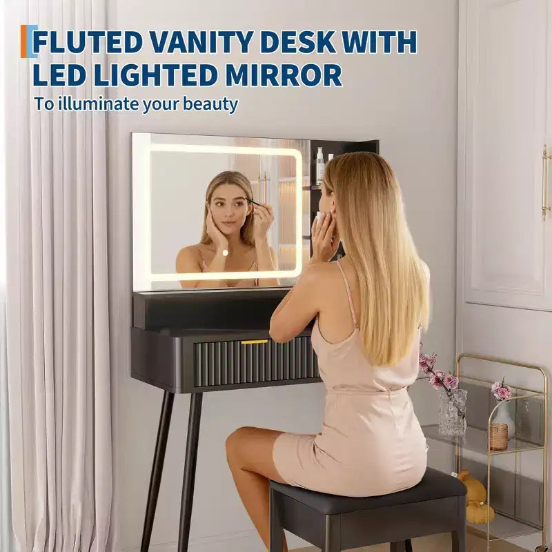 LED Vanity Desk with Mirror and Lights, Dressing Table with 2 Drawers & Charging Station