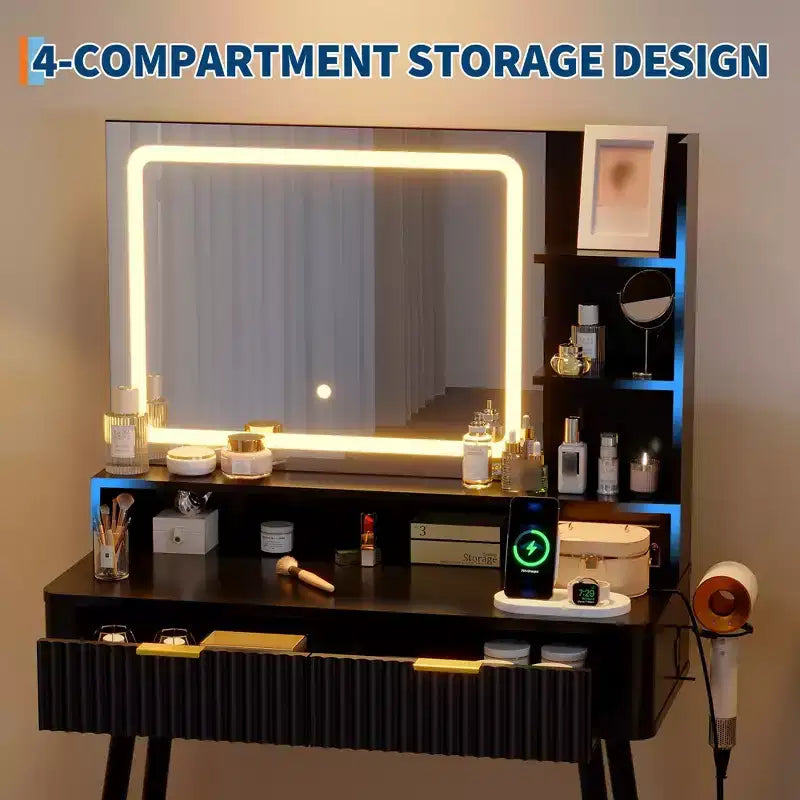 LED Vanity Desk with Mirror and Lights, Dressing Table with 2 Drawers & Charging Station