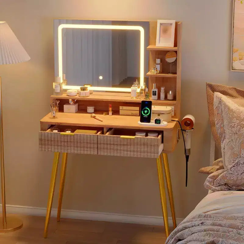 LED Vanity Desk with Mirror and Lights, Dressing Table with 2 Drawers & Charging Station