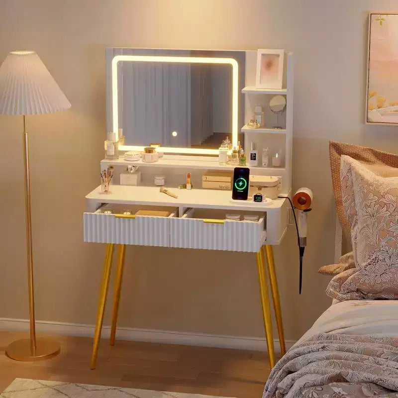 LED Vanity Desk with Mirror and Lights, Dressing Table with 2 Drawers & Charging Station