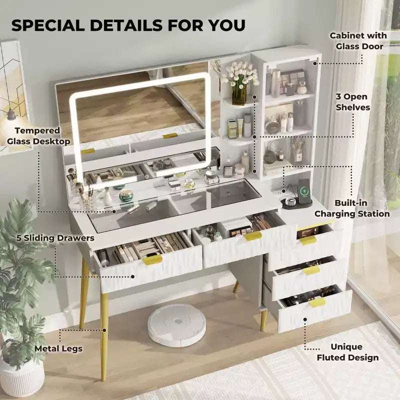 48" Vanity Desk with Mirror & Lights – Glass Top, 3 Lighting Modes, 5 Drawers, White