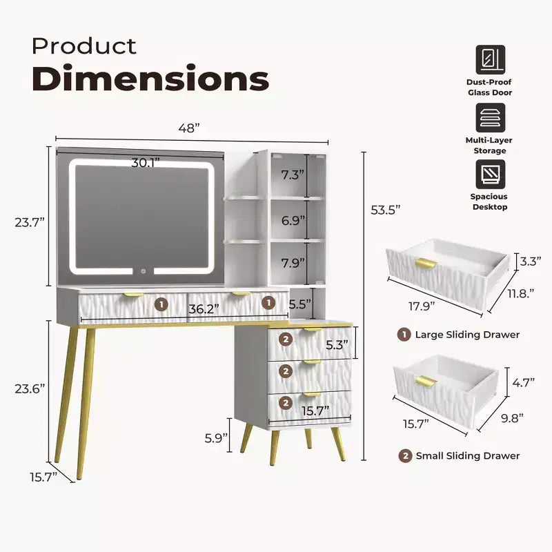 48" Vanity Desk with Mirror & Lights – Glass Top, 3 Lighting Modes, 5 Drawers, White