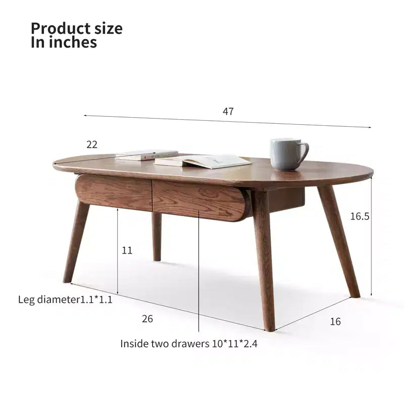 Oval Oak Coffee Table with 2 Drawers