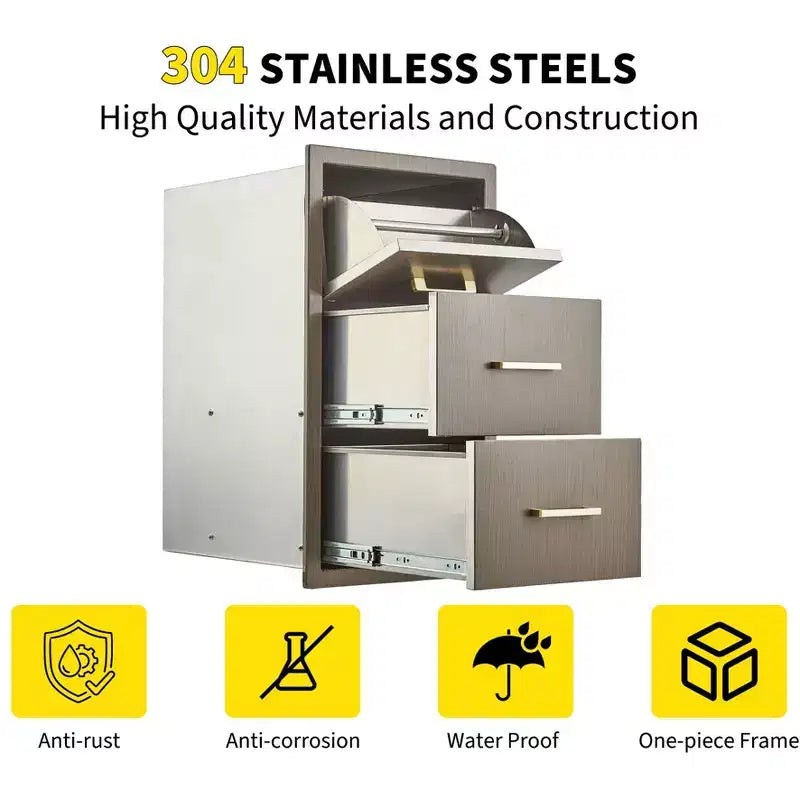 Triple Flush Mount Outdoor Kitchen Drawers with Stainless Steel Handle & Paper Towel Holder