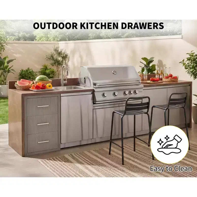 Triple Flush Mount Outdoor Kitchen Drawers with Stainless Steel Handle & Paper Towel Holder