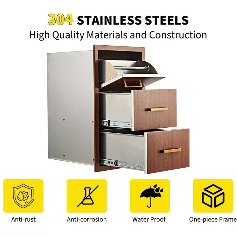 Triple Flush Mount Outdoor Kitchen Drawers with Stainless Steel Handle & Paper Towel Holder