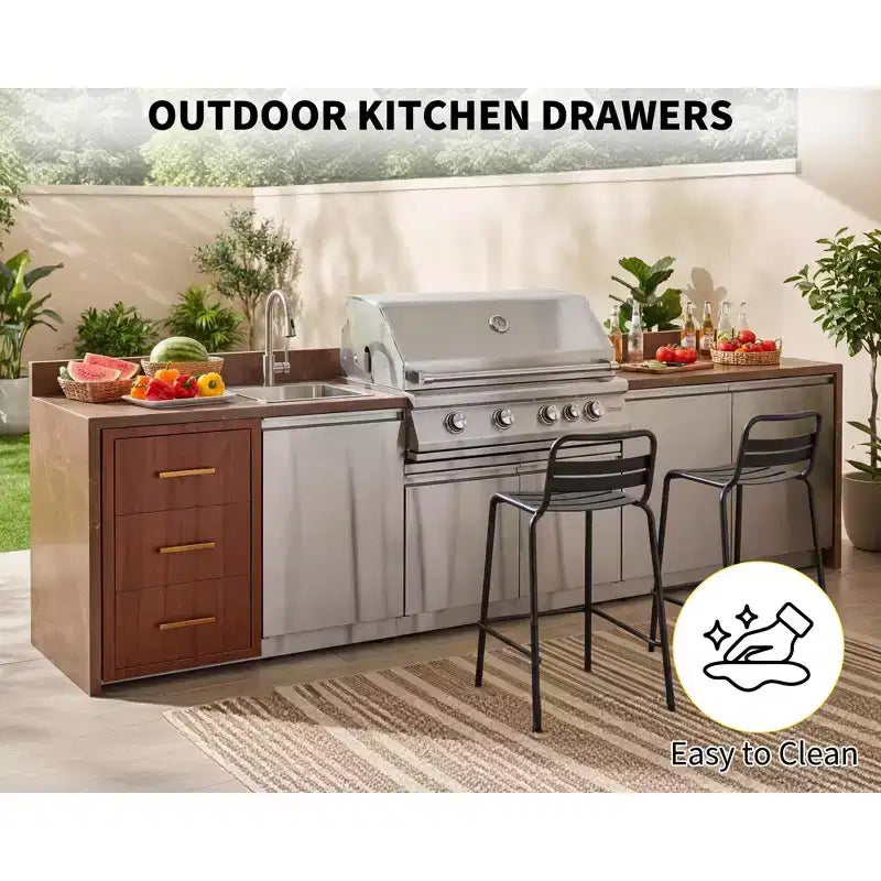 Triple Flush Mount Outdoor Kitchen Drawers with Stainless Steel Handle & Paper Towel Holder