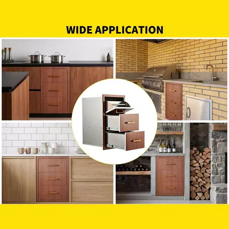 Triple Flush Mount Outdoor Kitchen Drawers with Stainless Steel Handle & Paper Towel Holder