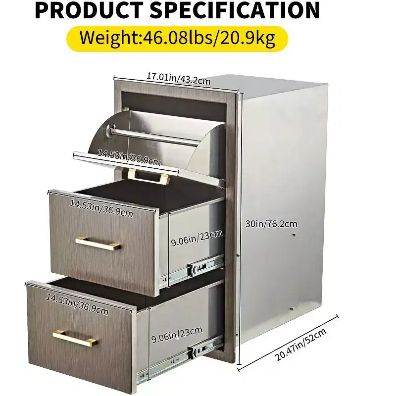 Triple Flush Mount Outdoor Kitchen Drawers with Stainless Steel Handle & Paper Towel Holder