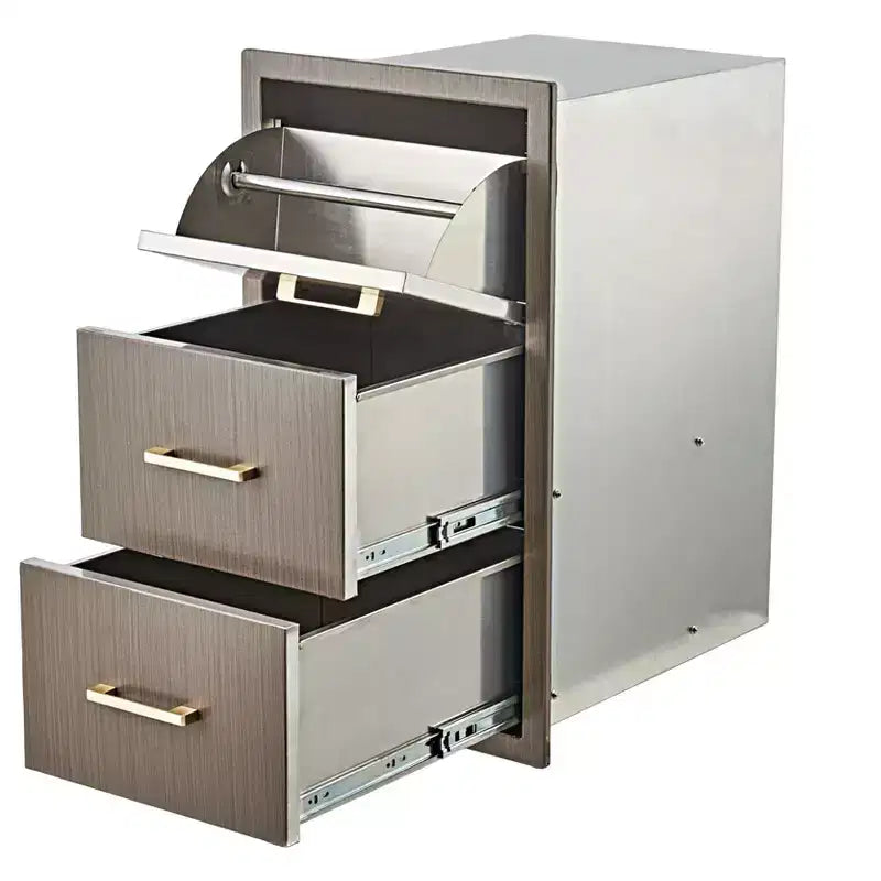 Triple Flush Mount Outdoor Kitchen Drawers with Stainless Steel Handle & Paper Towel Holder