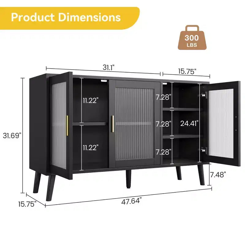 48 in Large Black Sideboard Cabinet with 3 Fluted Glass Doors for Kitchen, Dining and Living Room