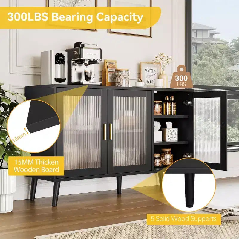48 in Large Black Sideboard Cabinet with 3 Fluted Glass Doors for Kitchen, Dining and Living Room