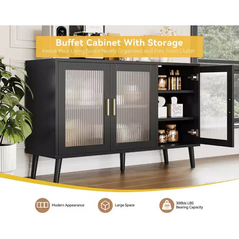 48 in Large Black Sideboard Cabinet with 3 Fluted Glass Doors for Kitchen, Dining and Living Room