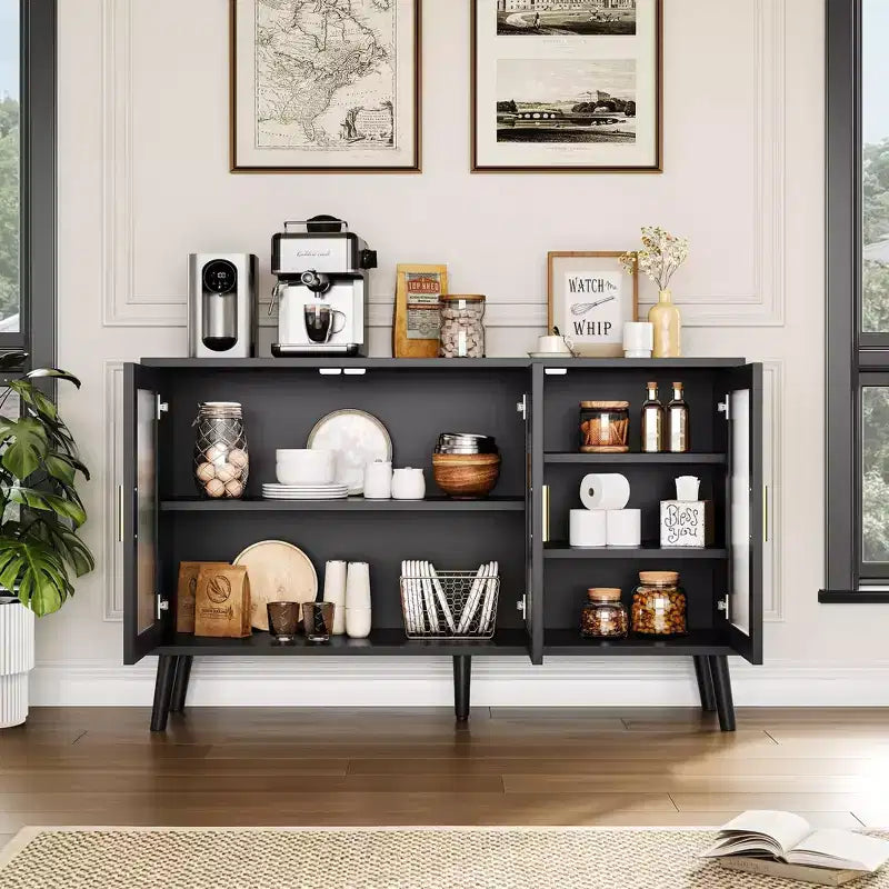 48 in Large Black Sideboard Cabinet with 3 Fluted Glass Doors for Kitchen, Dining and Living Room