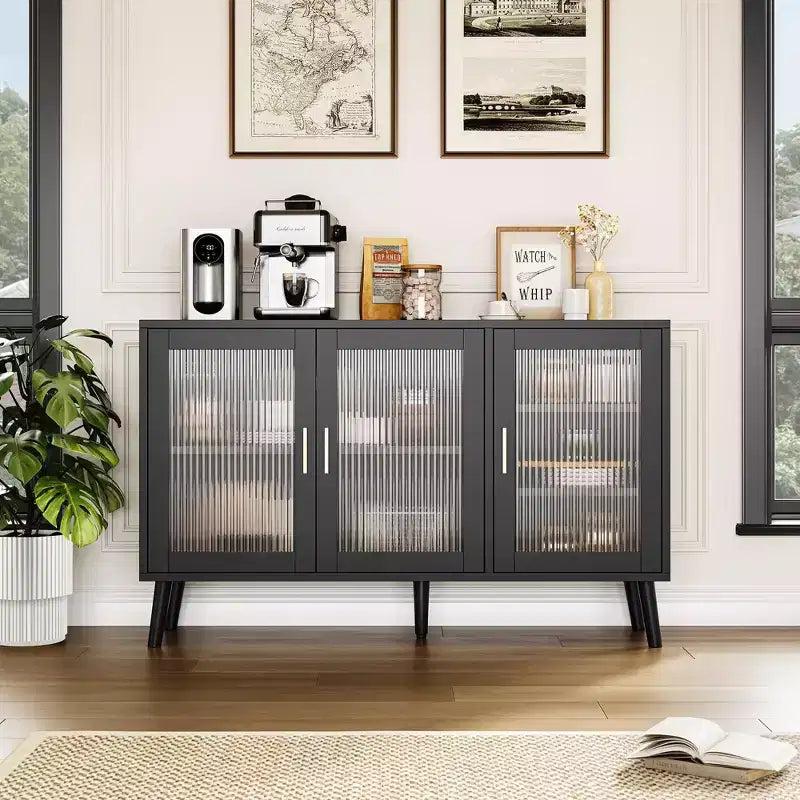 48 in Large Black Sideboard Cabinet with 3 Fluted Glass Doors for Kitchen, Dining and Living Room