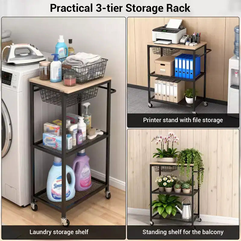 3-Tier Rolling Kitchen Cart with Lockable Wheels