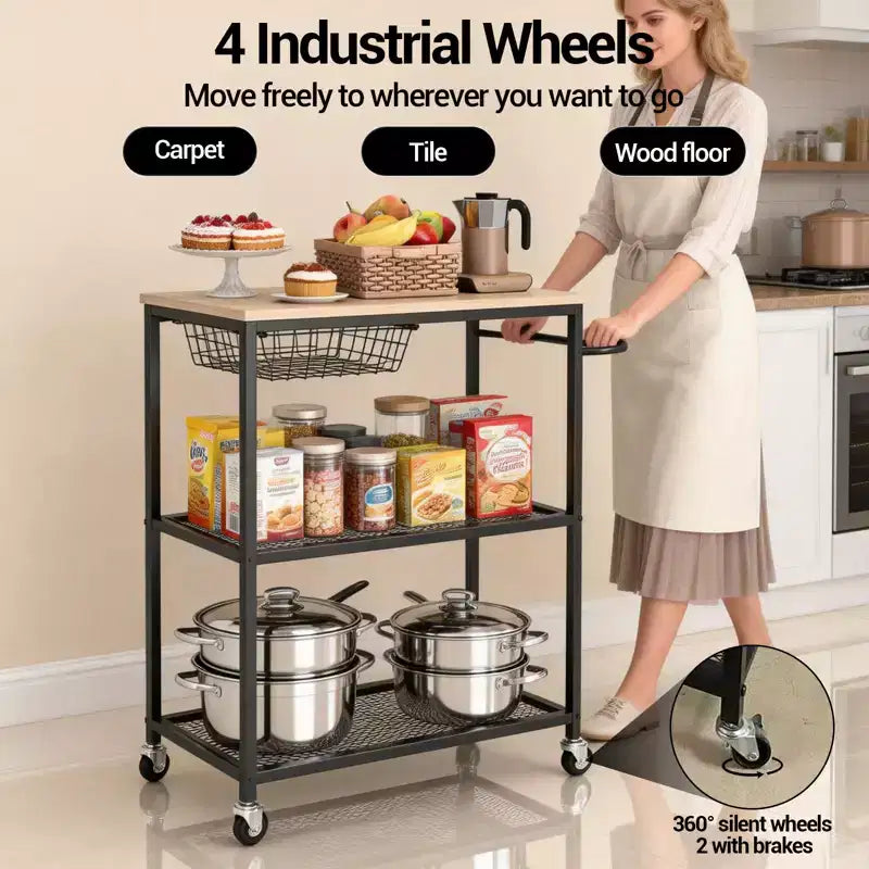 3-Tier Rolling Kitchen Cart with Lockable Wheels