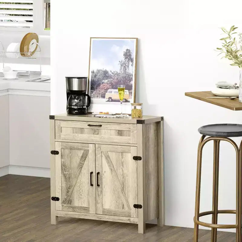 Sideboard Buffet Cabinet with Storage Drawer, Modern Farmhouse Kitchen Cabinet with 2 Barn Doors, Coffee Bar Cabinet, Oak