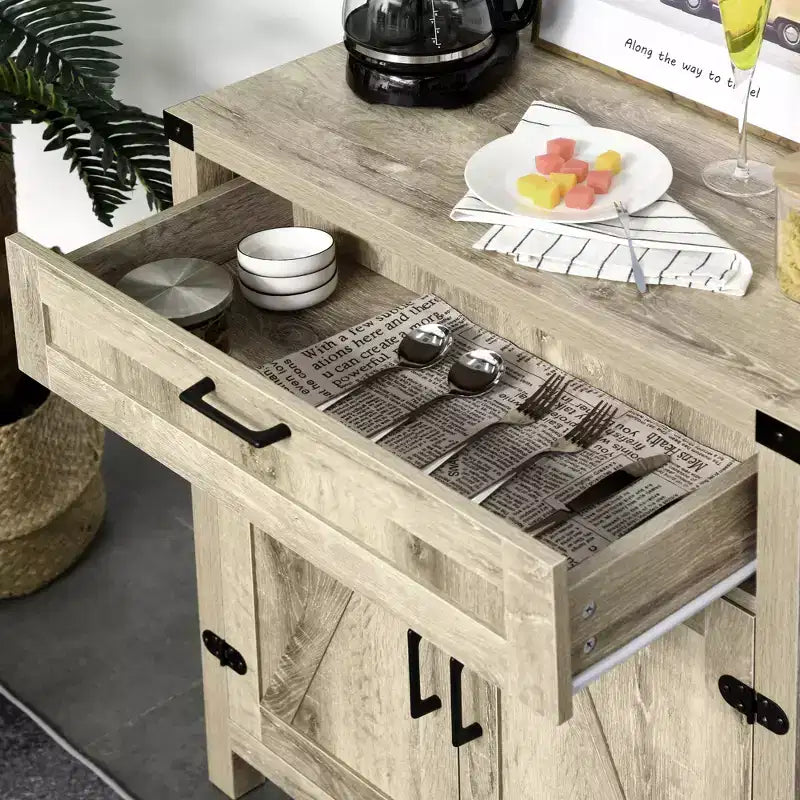 Sideboard Buffet Cabinet with Storage Drawer, Modern Farmhouse Kitchen Cabinet with 2 Barn Doors, Coffee Bar Cabinet, Oak