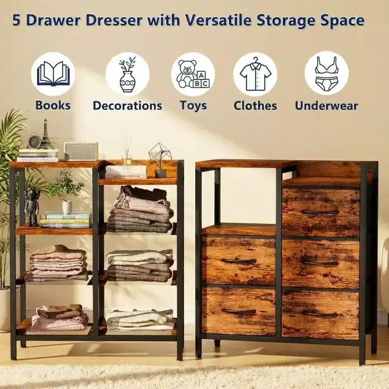 Mobile File Cabinet with Open Storage Shelf and Fabric Drawers