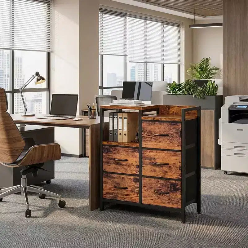 Mobile File Cabinet with Open Storage Shelf and Fabric Drawers