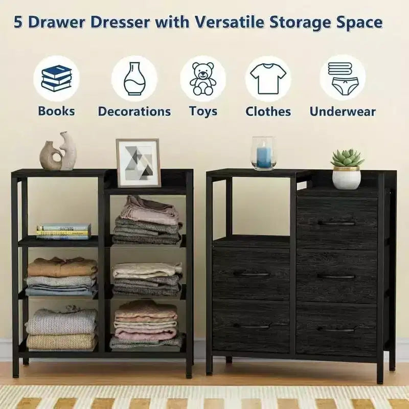Mobile File Cabinet with Open Storage Shelf and Fabric Drawers