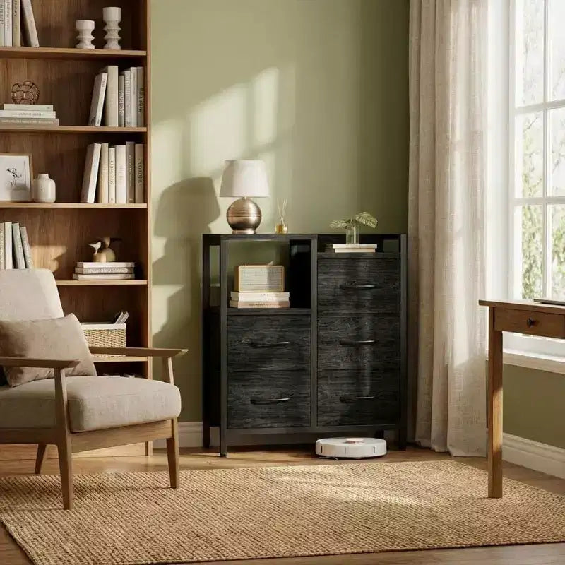 Mobile File Cabinet with Open Storage Shelf and Fabric Drawers