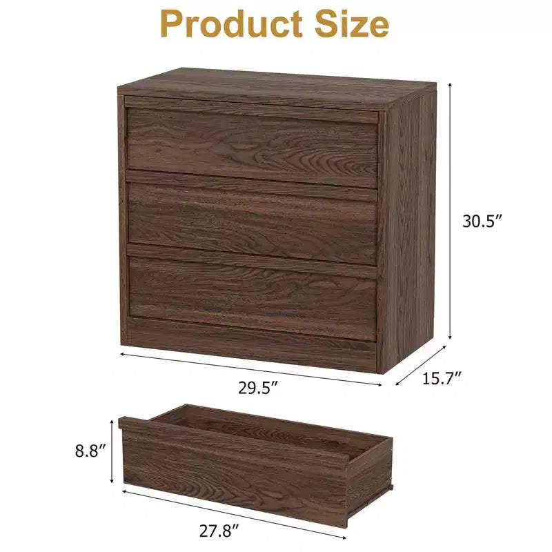 3 Drawer Walnut Nightstand for Bedroom, 30in Tall Small End Table with Large Storage & Anti-Tip Design