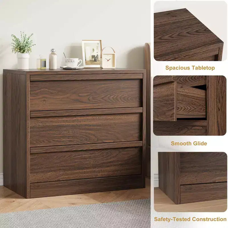 3 Drawer Walnut Nightstand for Bedroom, 30in Tall Small End Table with Large Storage & Anti-Tip Design