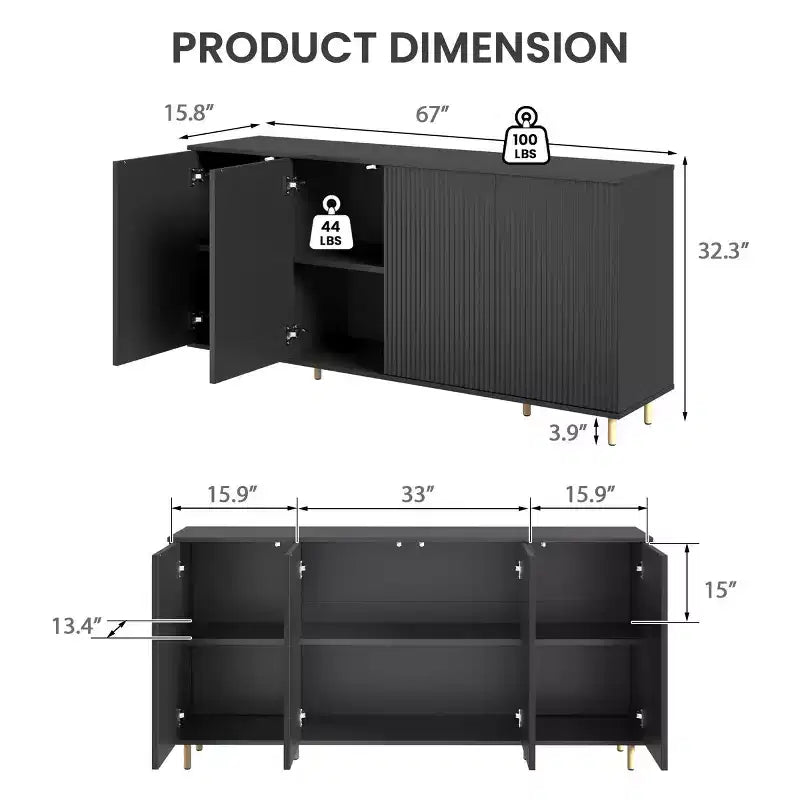 67" 4-Door Sideboard Cabinet Buffet with Adjustable Shelves