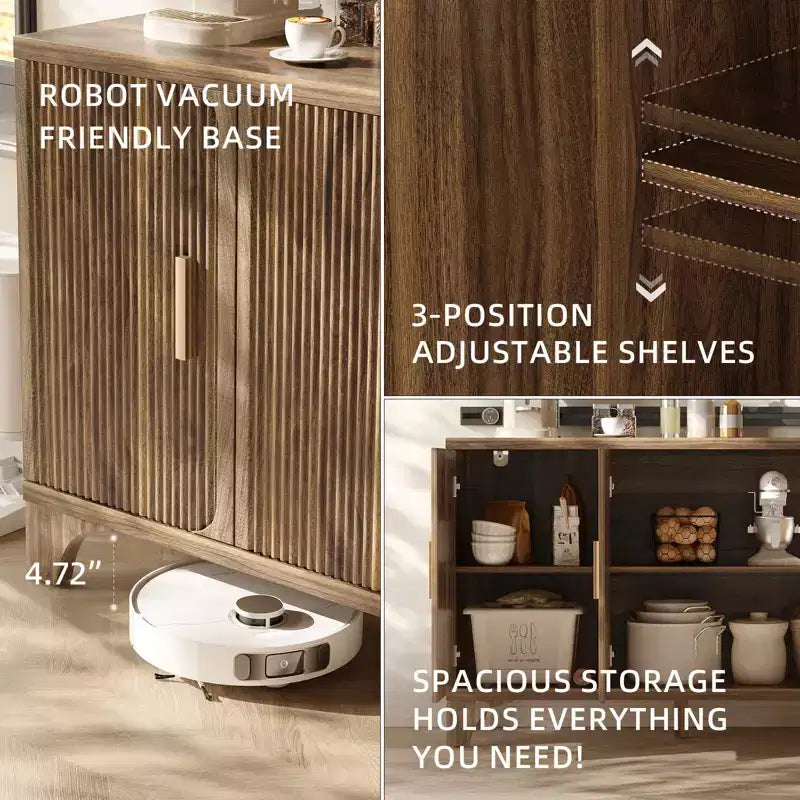 Fluted Sideboard Cabinet with Adjustable Shelves and Wood Doors